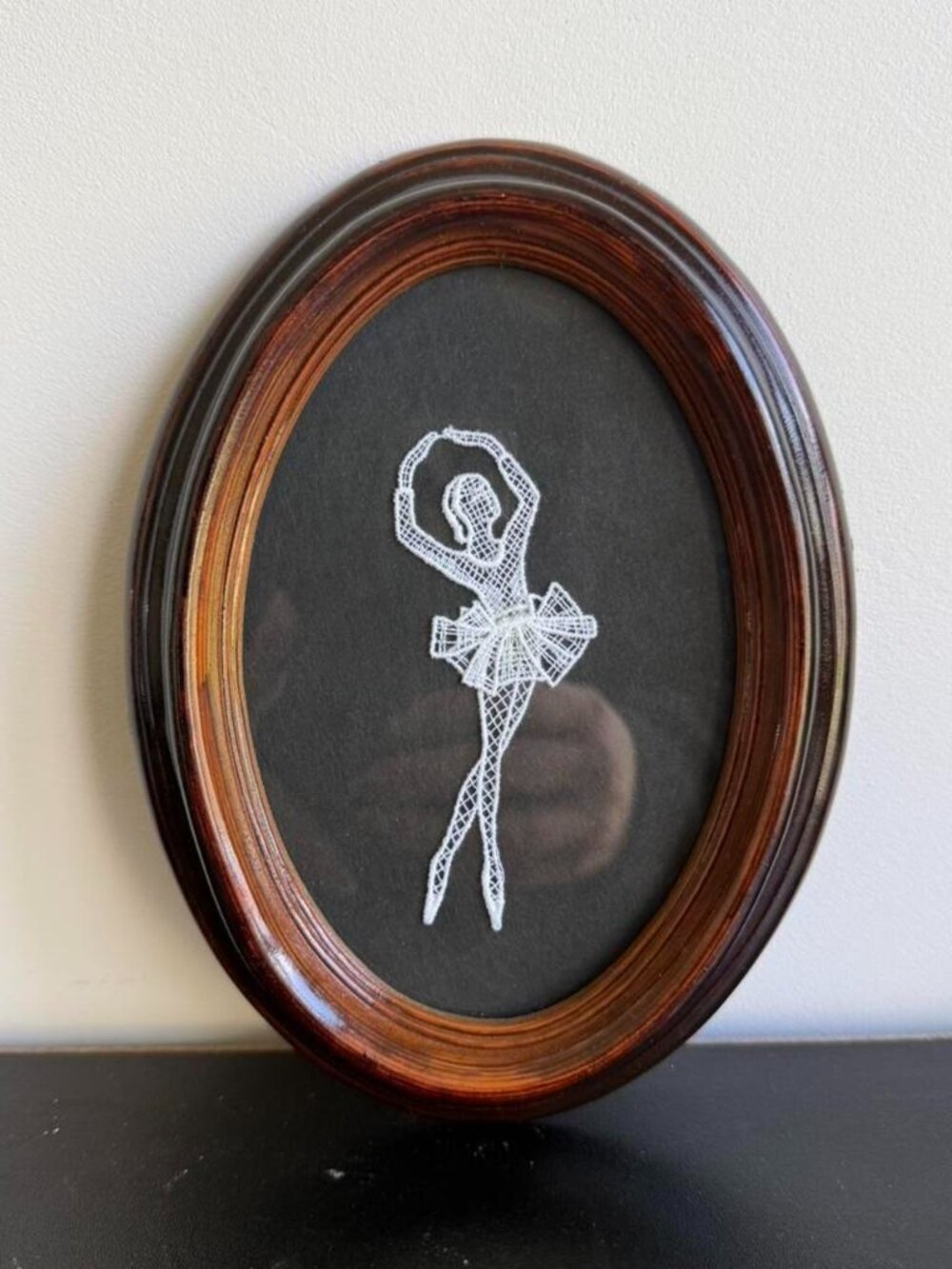 Oval Wood Glass Frame Lace Ballerina Silhouette Art